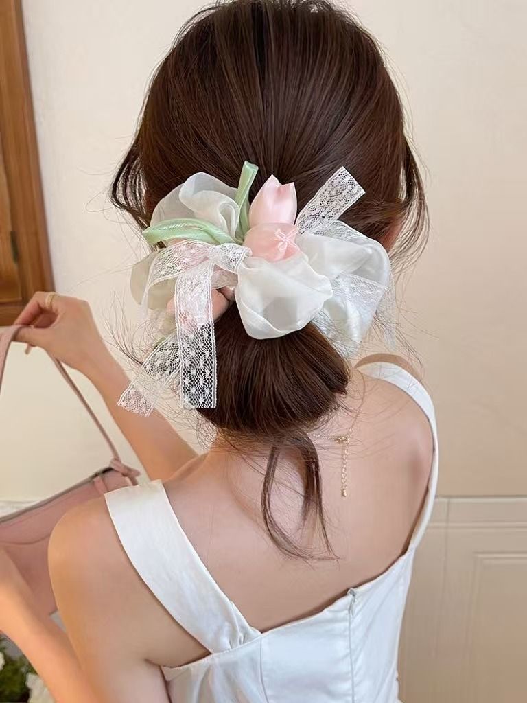 Dây Buộc Tóc Scrunchie Hoa Tulip Bản To Phối Ren – Phong Cách Hàn Quốc