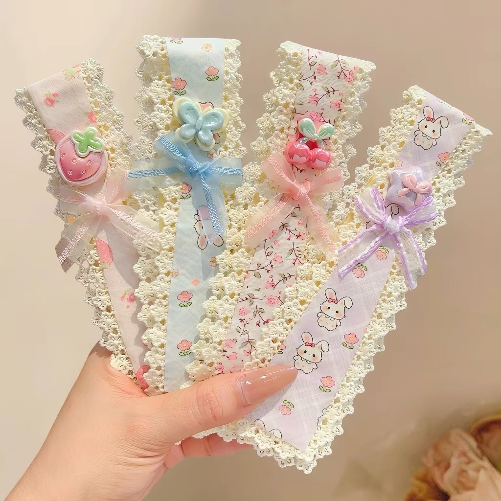 Băng đô ren rộng vành cho bé gái, băng đô in hoa có khóa dán