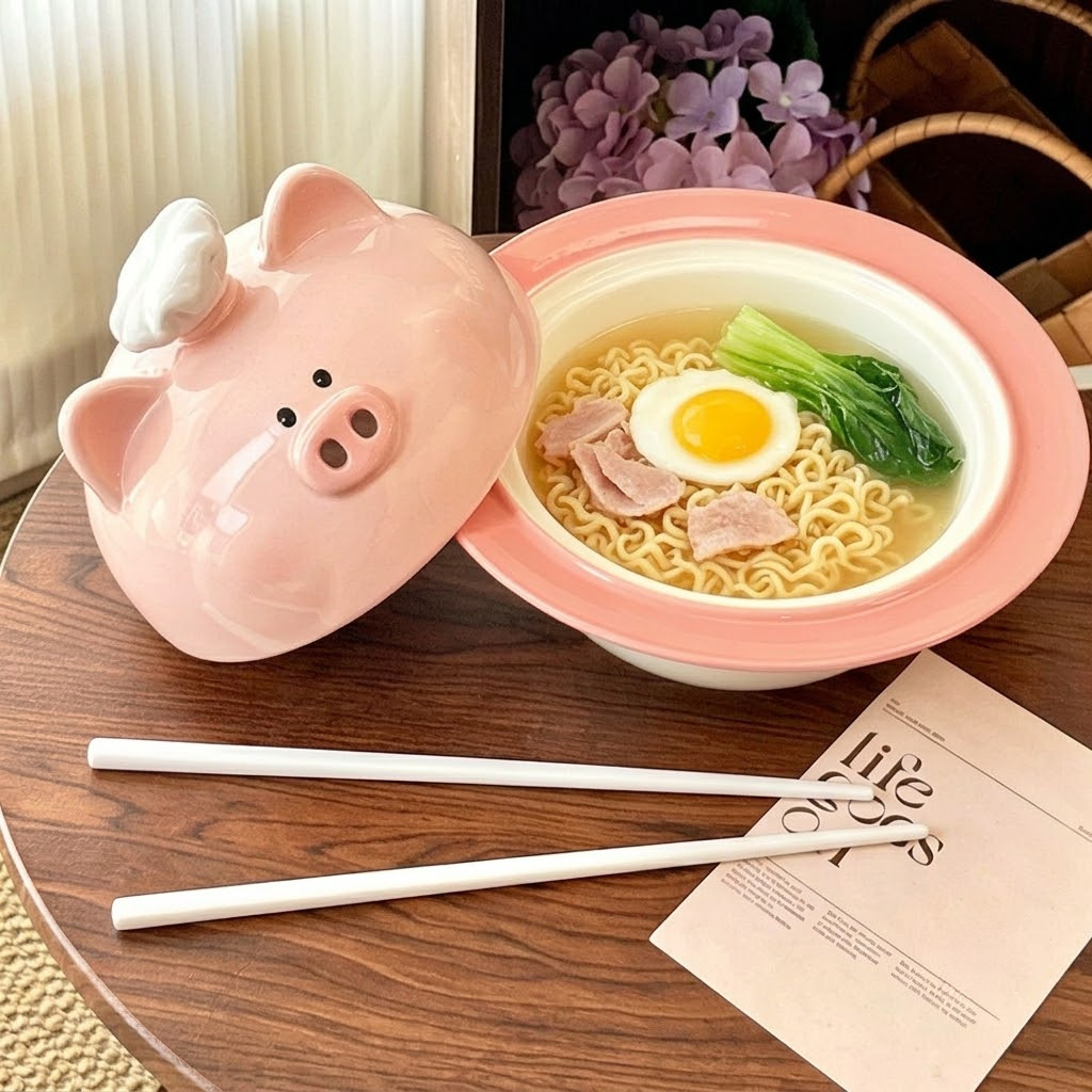 Bộ bát mì ăn liền hình heo đầu bếp kiểu Nhật dễ thương